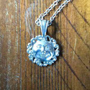 Sun Face Pendant Silver Vintage Necklace